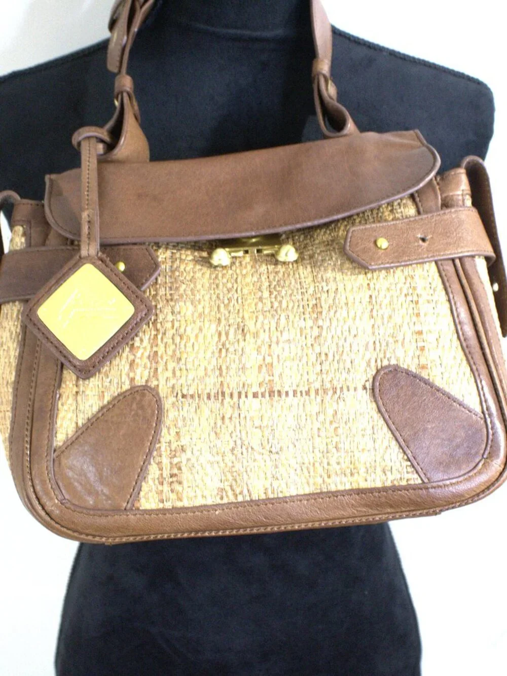 Mark&James Badgley Mischka Raffia and Leather Shoulder Bag with Gold Hardware